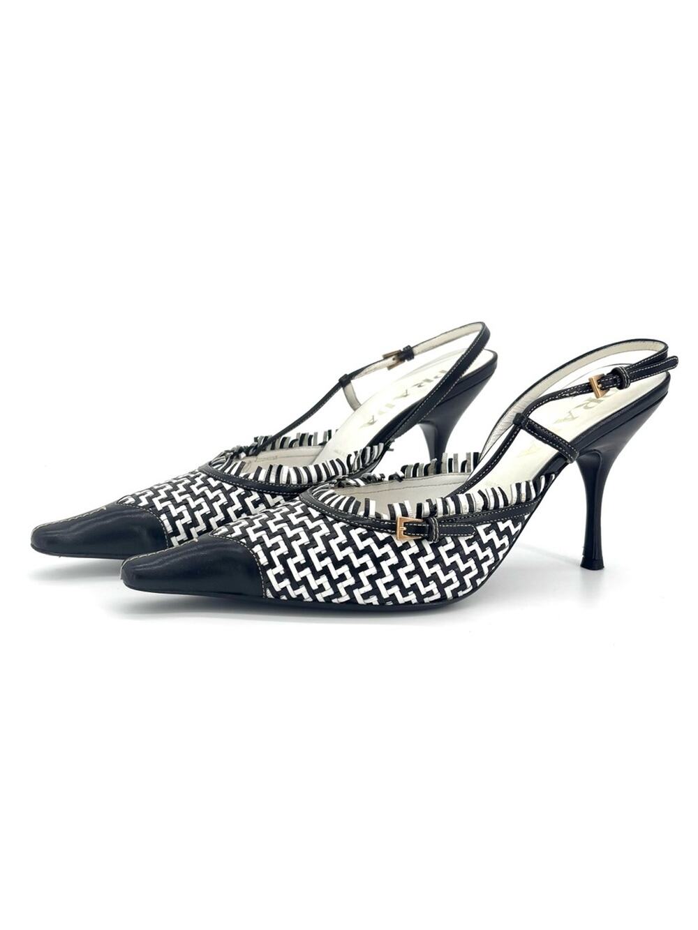 Prada Retro Vintage Cap Toe Mini Buckle Fringe Embellished Slingback Pumps 37
